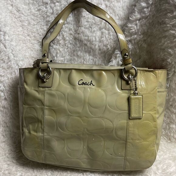 Vintage COACH patent Gray Leather Signature F17729 Tote silver tone hardwares - Picture 1 of 9